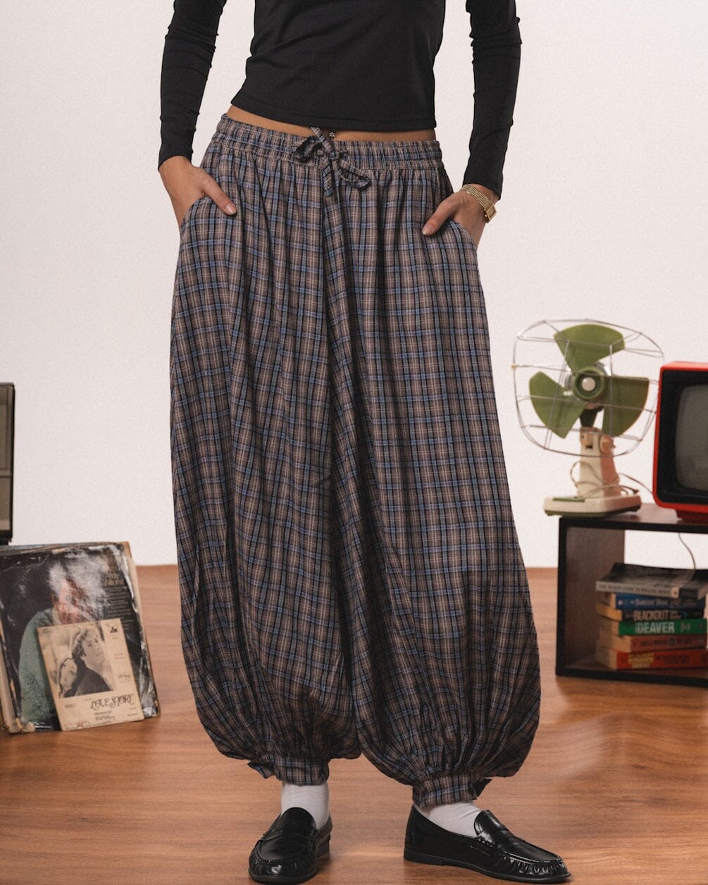 Brown Plaid Balloon Pants