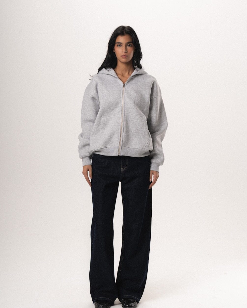 Heather Grey Basic Boxy Zip-Up Hoodie