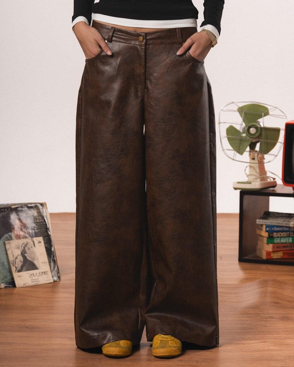 Female Brown Baggy Leather Pants