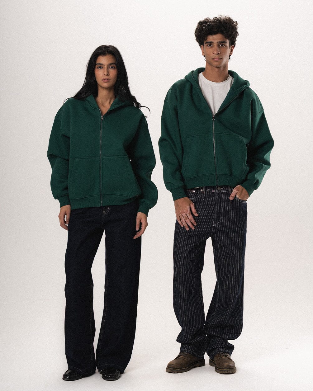 Green Basic Boxy Zip-Up Hoodie