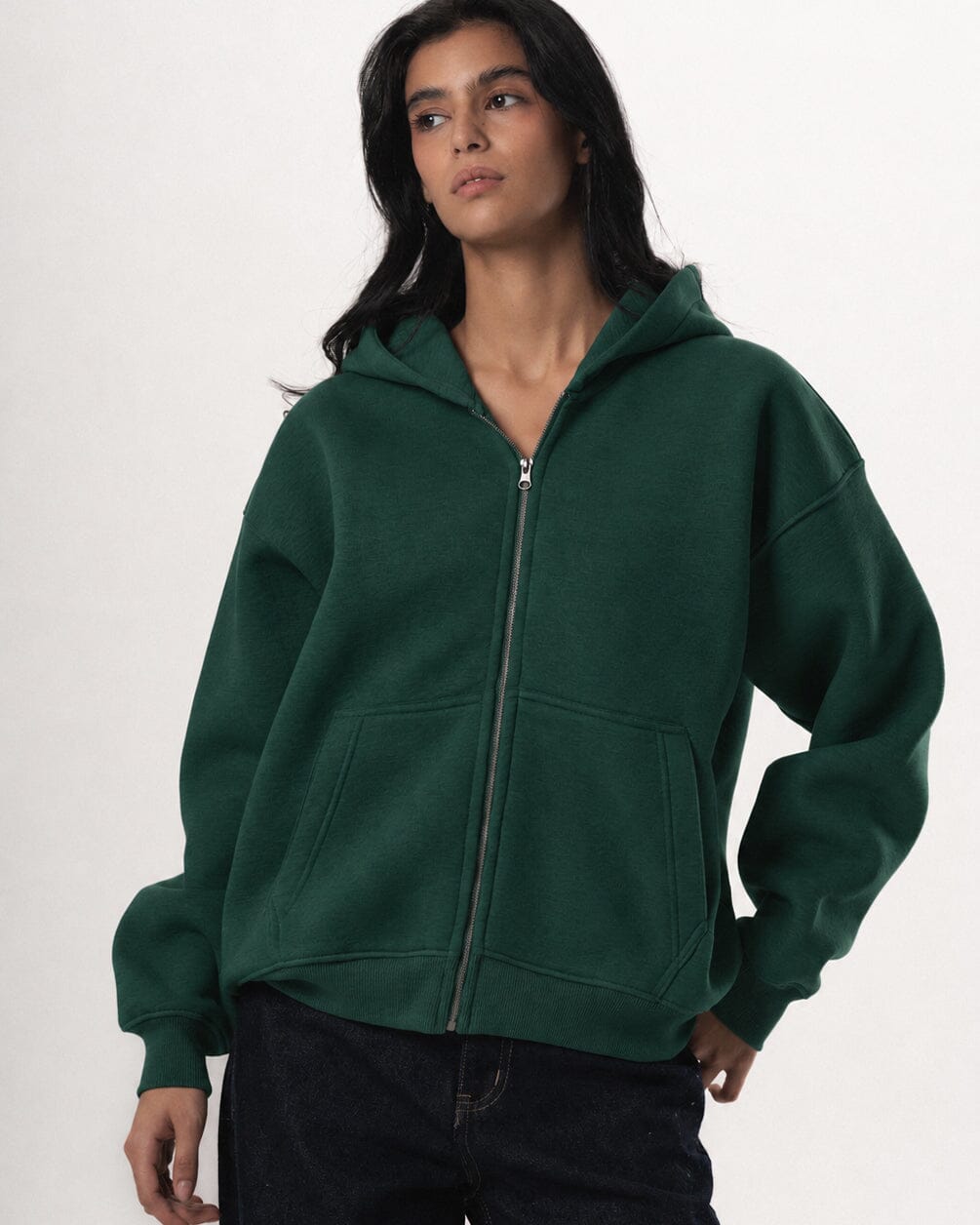 Green Basic Boxy Zip-Up Hoodie
