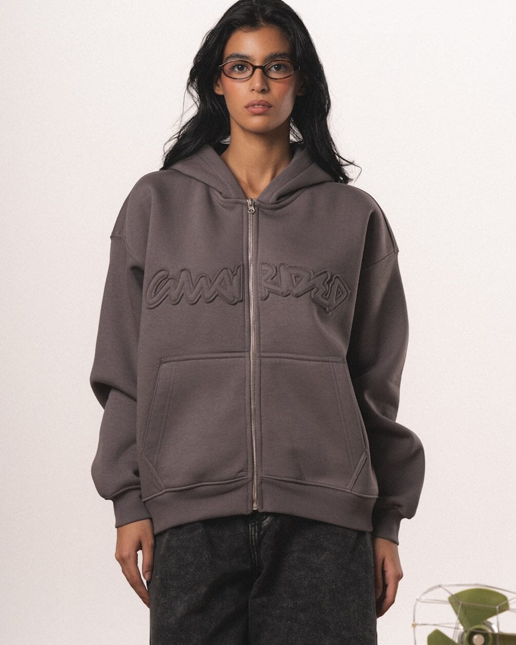Dark Grey Guarded Boxy Zip-Up Hoodie