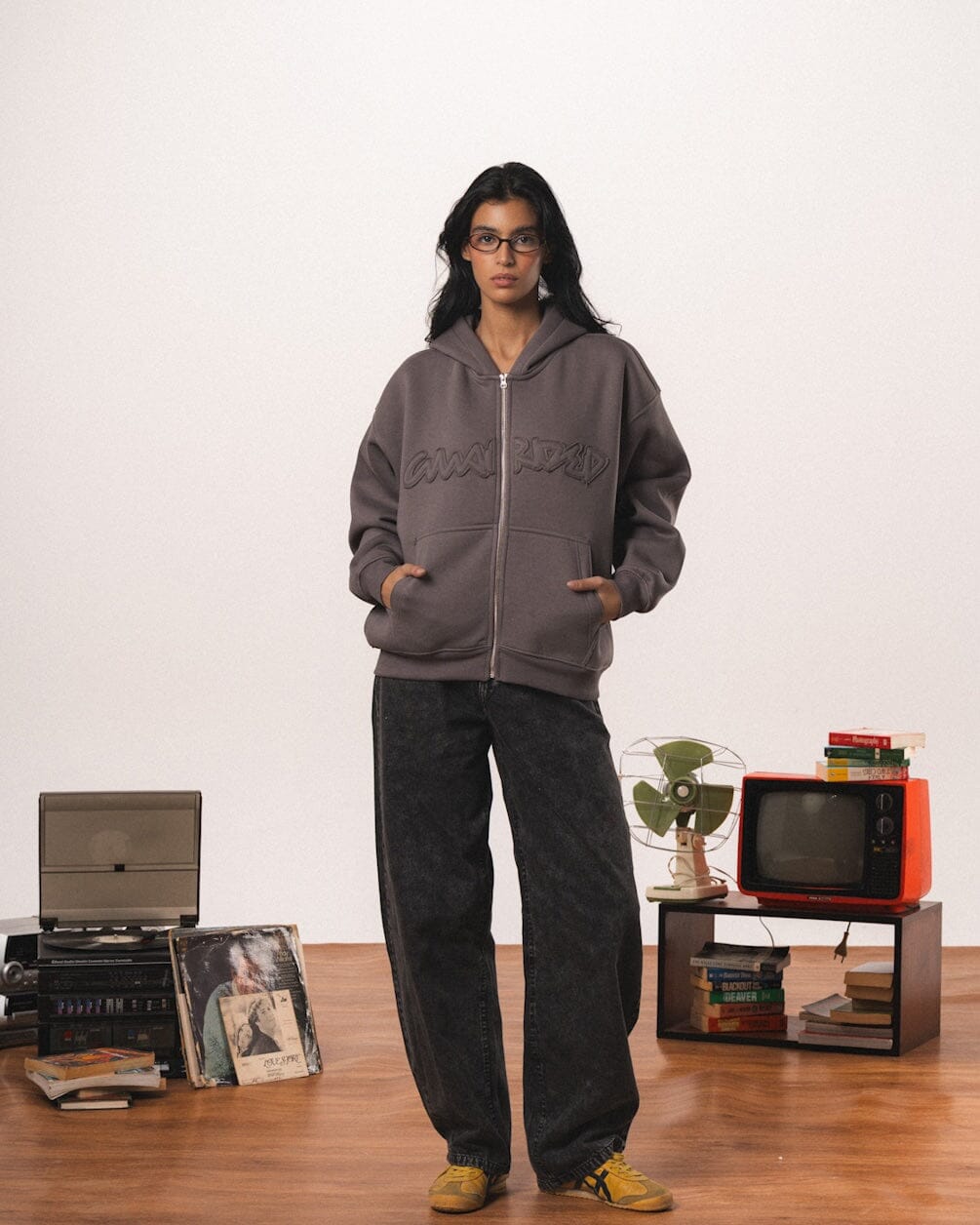 Dark Grey Guarded Boxy Zip-Up Hoodie