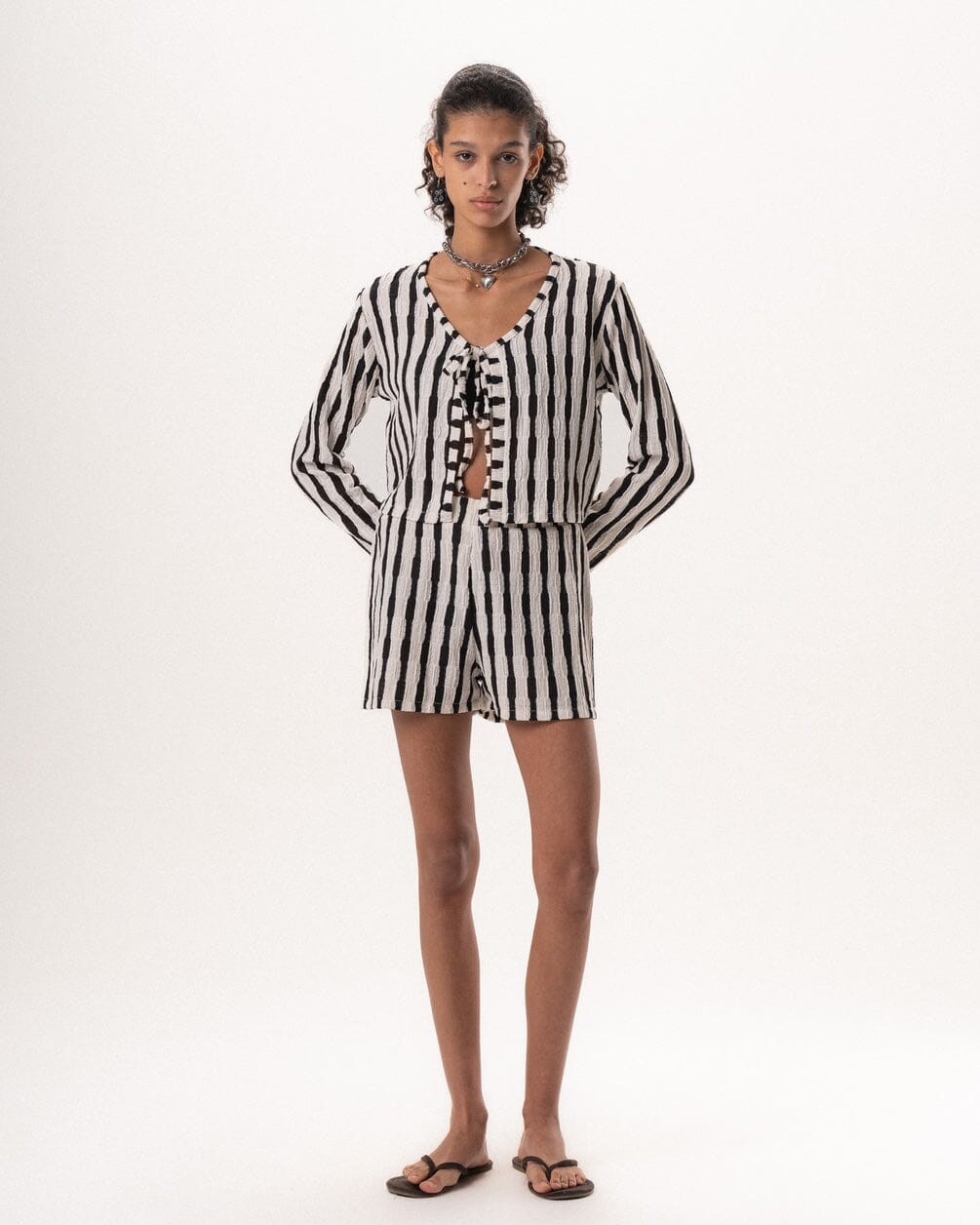 Female Black Striped Oversized Knit Shorts