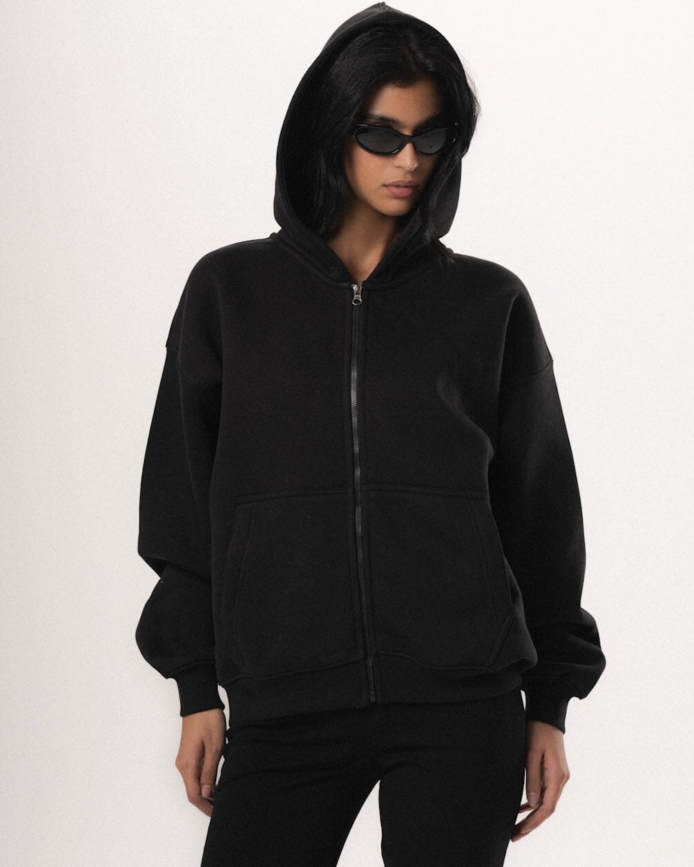 Black Basic Boxy Zip-Up Hoodie