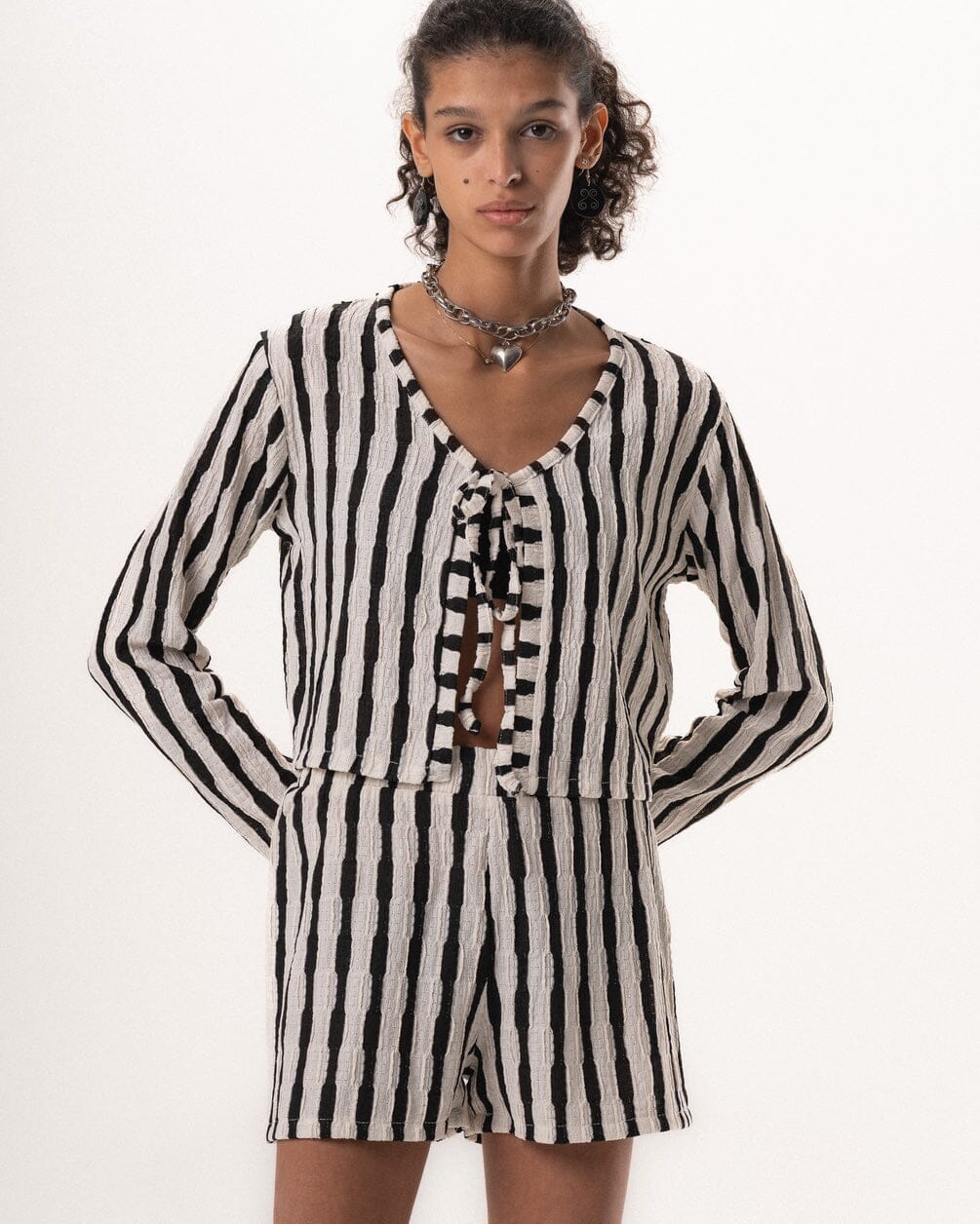 Female Black Striped Knit Set